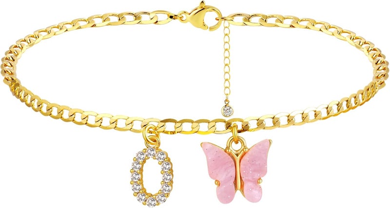 VIROMY 14K Gold Plated Dainty Butterfly Initial Ankle Bracelets Handmade Cuban Chain White Butterfly A-Z Alphabet Letter Initial Anklets Personalized Summer Beach Jewelry Gifts for Women - Image 1